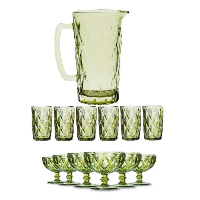 Jogo de Jarra 1,2L e 6 Copos 350ml com Jogo de Taças de Sobremesa Vidro Verde Diamond Abac...