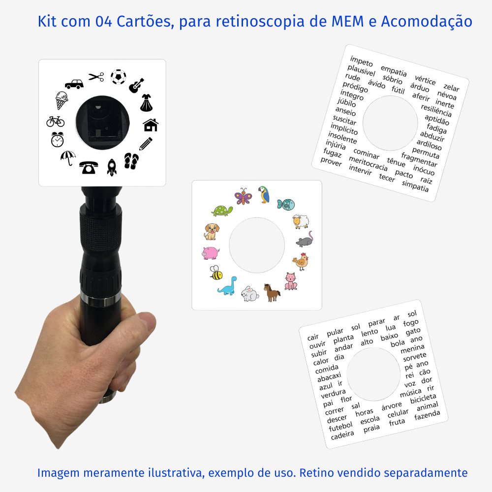 Kit com 04 Cartões, para retinoscopia de MEM e Acomodação, Teste de MEM, Teste Acomodação Optometria