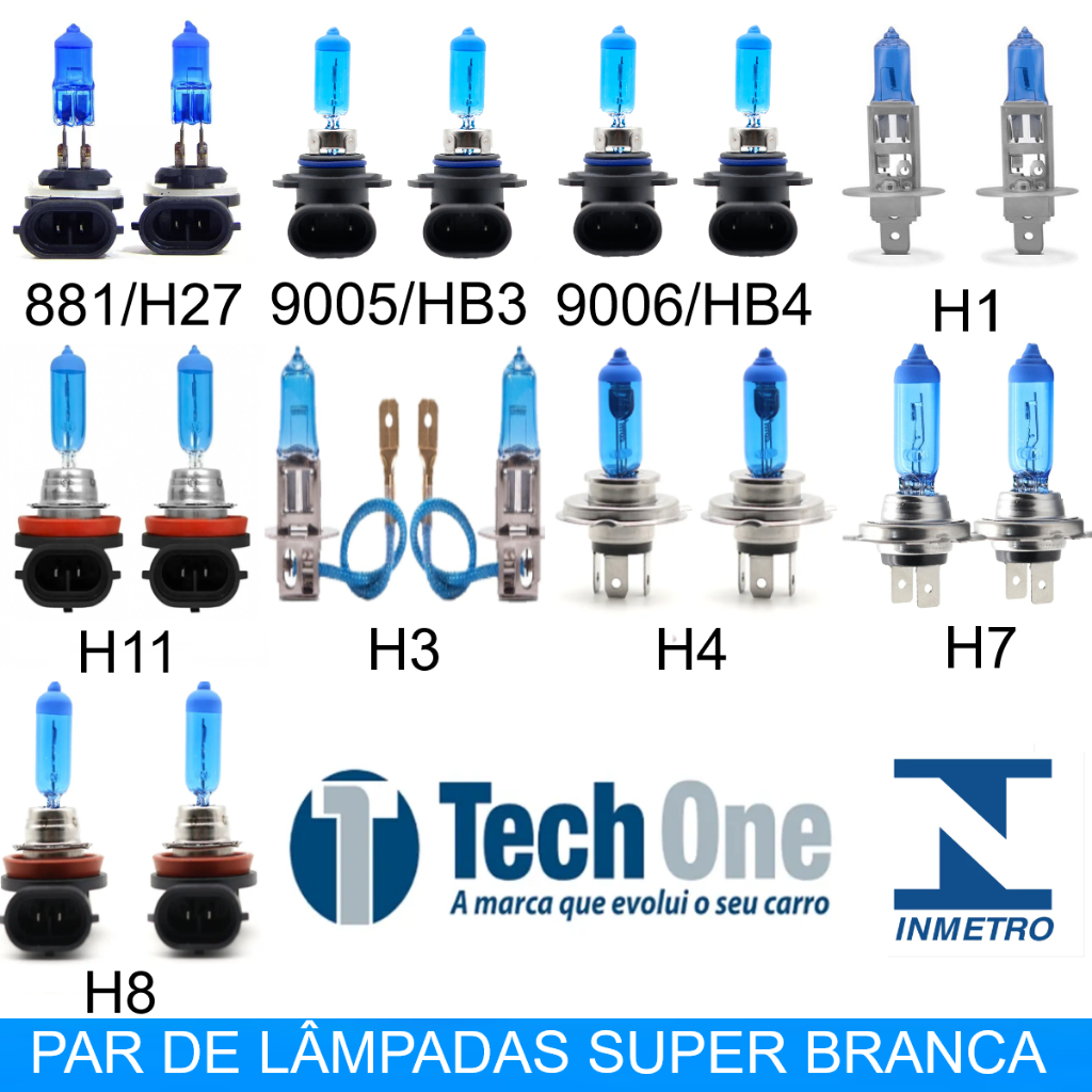 Par Lâmpadas Super Branca 8500k H1 H3 H4 H7 H8 H11 H27 HB3 HB4 Tech One