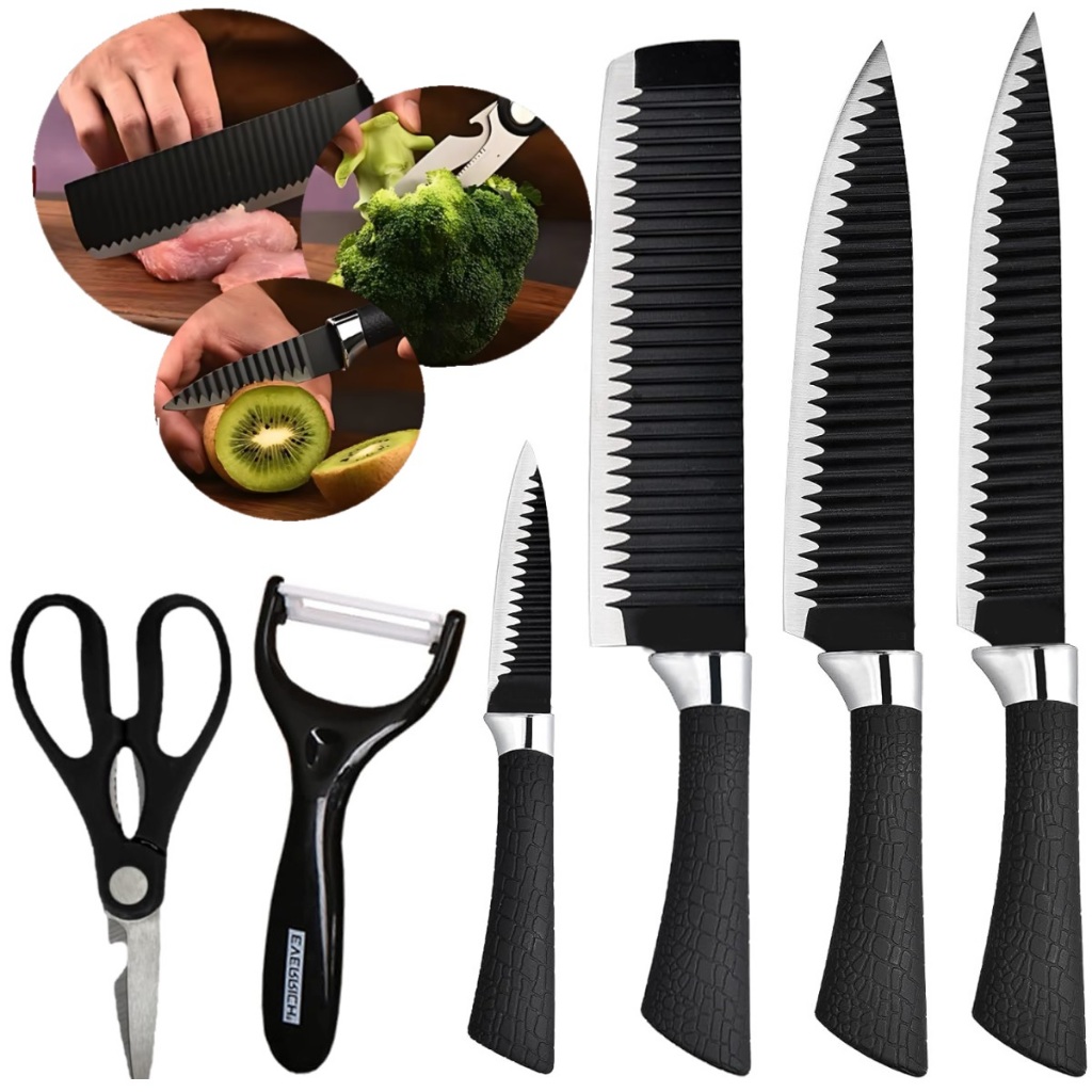 Jogo de Facas 6 Peças Premium Faqueiro Aço Inox Profissional com Tesoura e Descascador Kit para Churrasco Cozinha