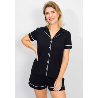 Pijama Feminino Americano Manga Curta Botões Frente Algodão Pós-Cirúrgico Amamentação Verão - Preto em Oferta na Shopee