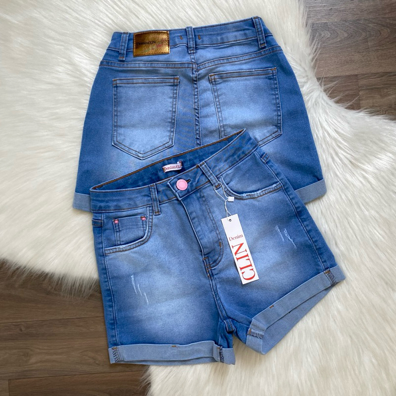 Shorts Jeans Feminino Curto Barrinha Dobrada Lycra Power Cintura Alta Empina Bumbum