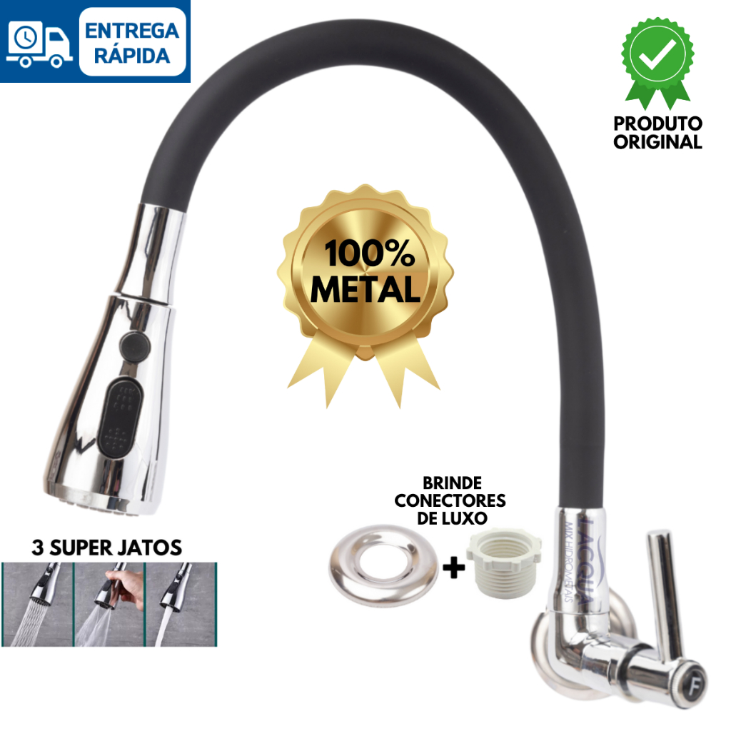 Torneira Cozinha Gourmet Parede Ducha 3 Funções Metal 100%