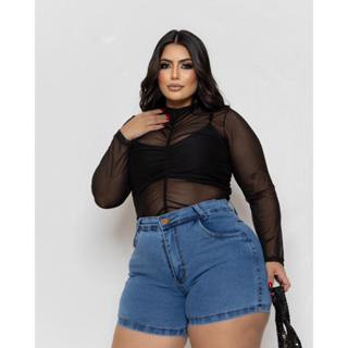 Short Jeans Feminino Plus Size Azul Claro Liso com Lycra em Oferta na Shopee