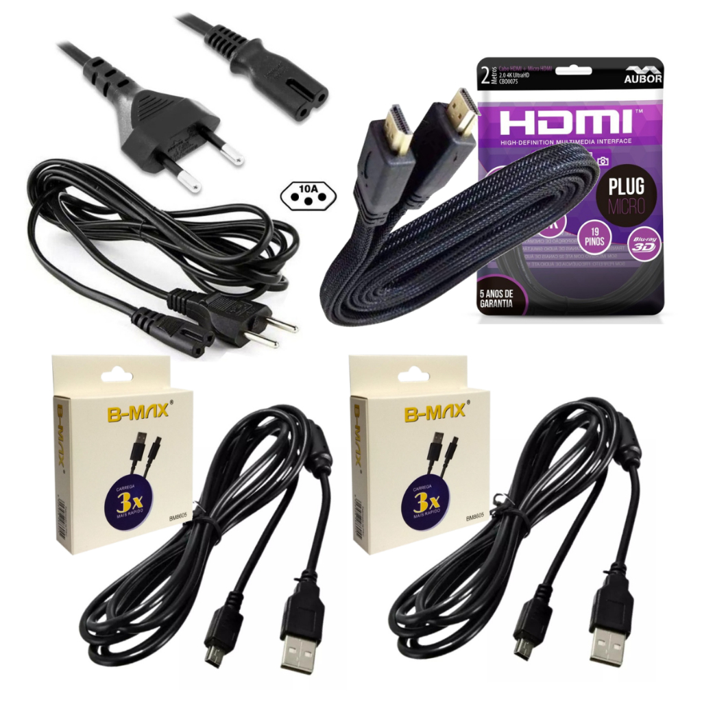 Kit Acessórios P/ Consoles Ps4 Cabo Força + Cabo HDMI + 2x Cabo V8 Compatível Controle Playstation 4 em Oferta na Shopee