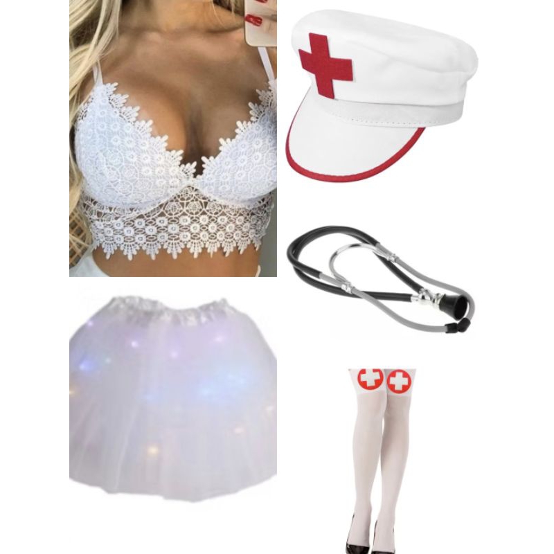 Fantasia adulto enfermeira com saia tule led carnaval festa Cropped boné meia calça estetoscópio.