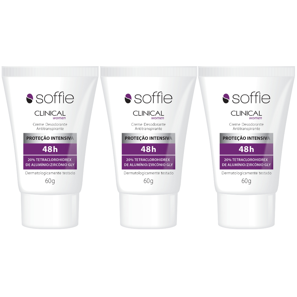 Kit com 3 Desodorante Creme Antitranspirante Feminino Soffie Clinical Women 48h Sem Álcool Não Mancha 60g Alta Proteção
