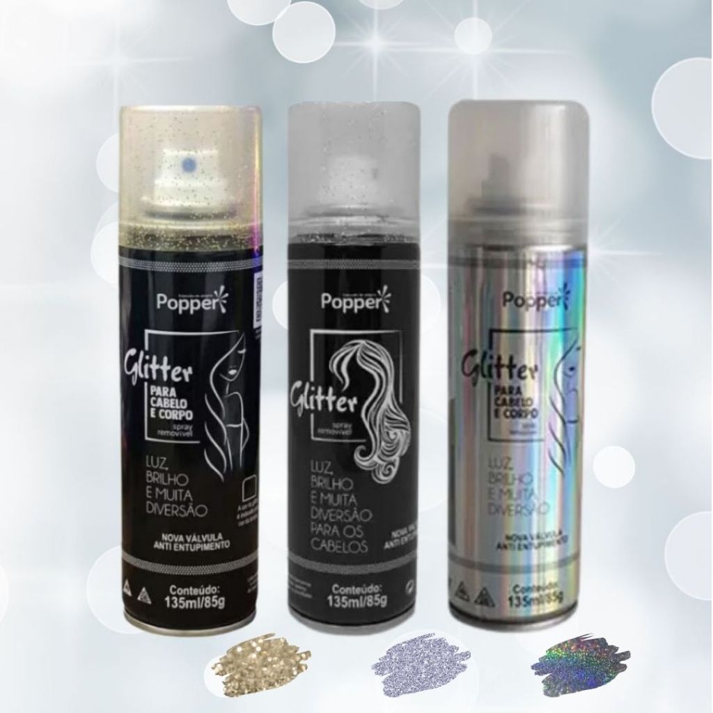 Kit Spray Glitter Para Cabelo Corpo e Roupa Popper - Prata + Holográfico + Dourado em Oferta na Shopee