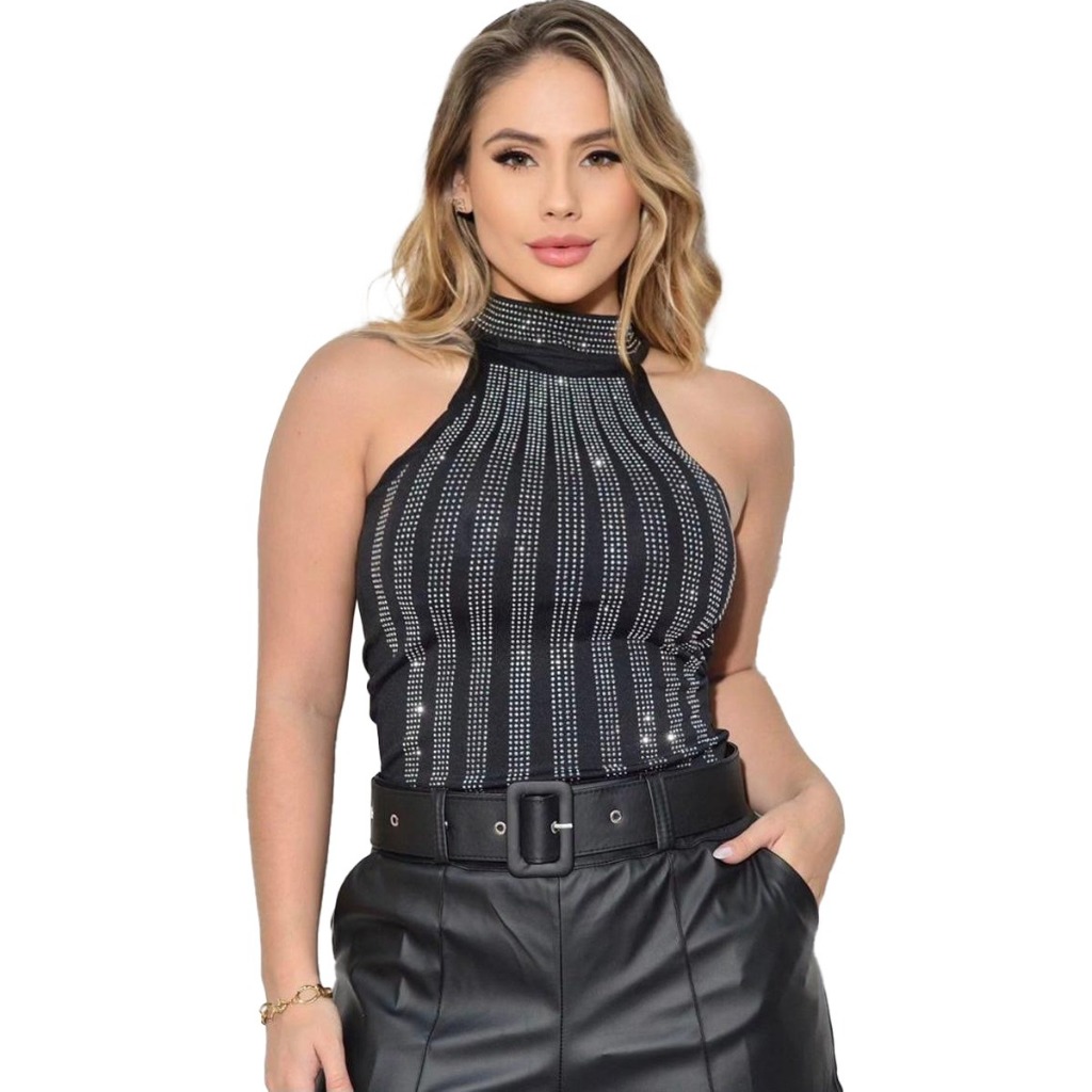 Body Feminino Regata Gola Alta Brilho Pedraria Festa Luxo