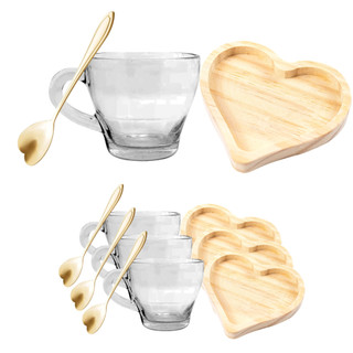 Kit Pires Coração + Xícaras Cafezinho + Colherzinha Dourada Rosê 12pç no Total