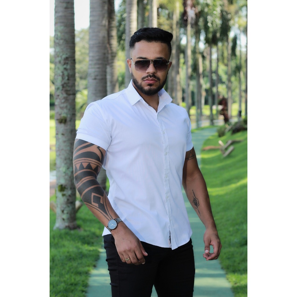 Camisa Slim Fit Branca Com Elastano em Oferta na Shopee