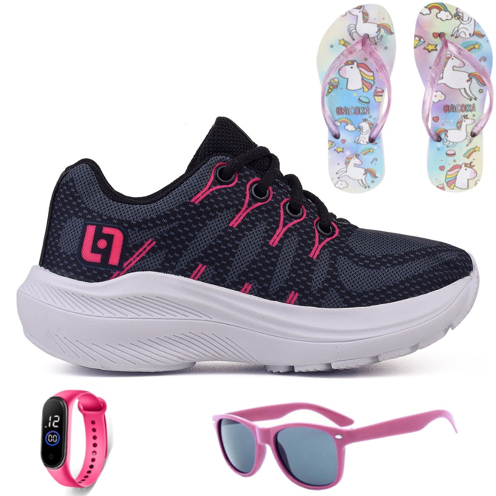Tenis Infantil Meninas Casual Preto e Pink Feminino + Chinelo Óculos e Relógio Luizza em Oferta na Shopee