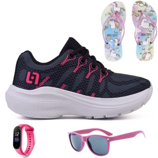 Tenis Infantil Meninas Casual Preto e Pink Feminino + Chinelo Óculos e Relógio Luizza em Oferta na Shopee