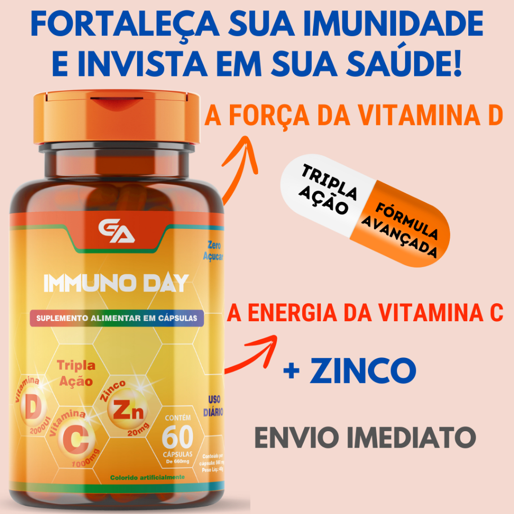 Vitamina D3 2000UI + Vitamina C 1000mg + Zinco 20mg - Tripla Ação - 60 Cápsulas - Immuno Day