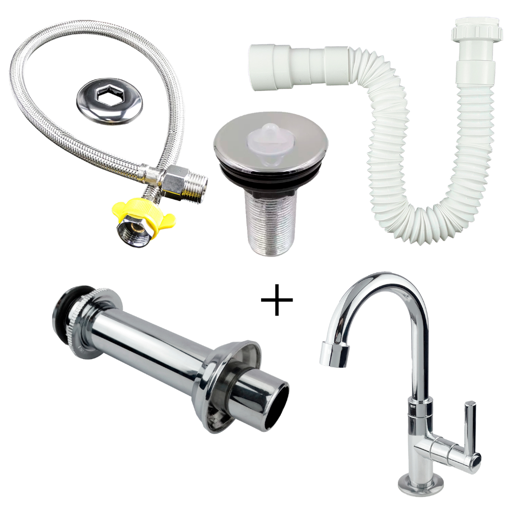 Kit Banheiro Torneira 1198 CR abs + Válvula CR abs + Sifão BR 1,20 m + Engate 40cm + Tubo De Ligação