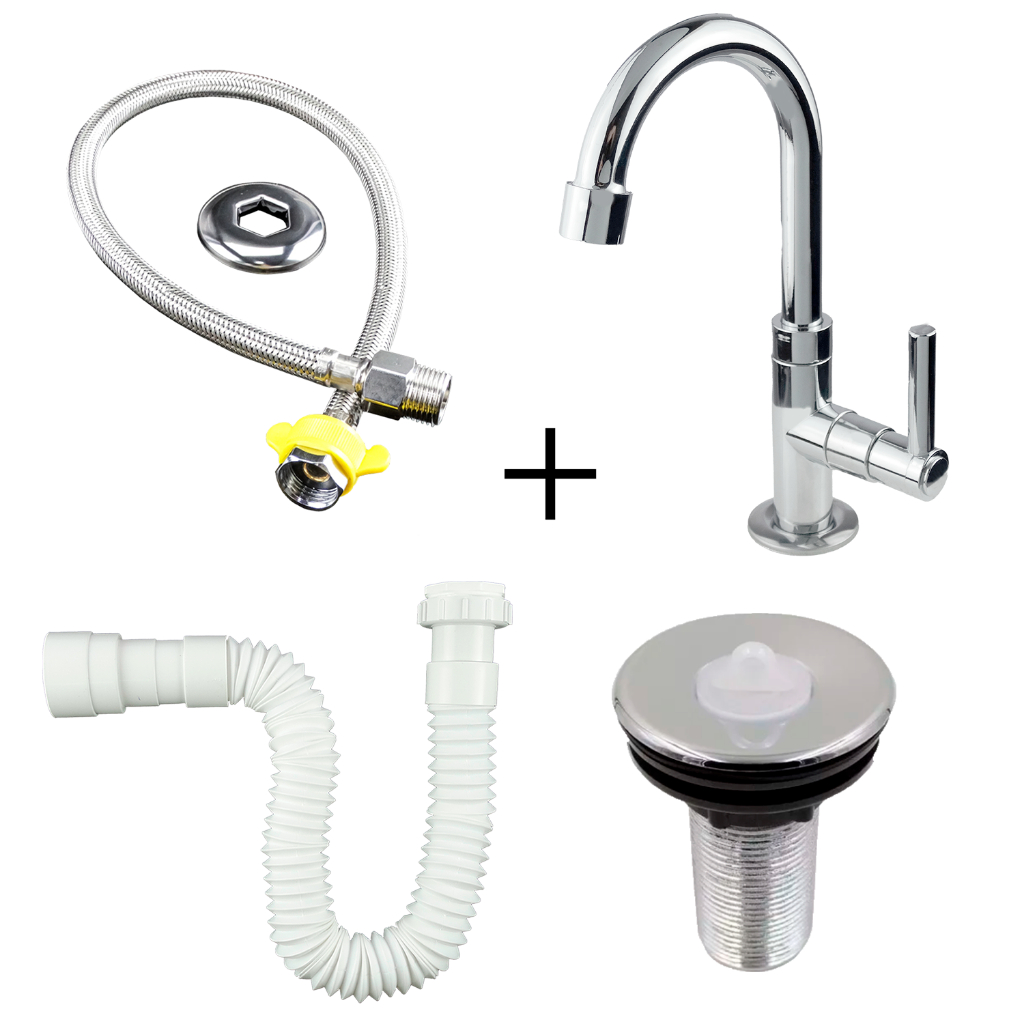 Kit Completo Lavabo Casa Torneira 1198 CR ABS + Válvula CR ABS + Sifão BR 1,20 metros + Engate 40cm