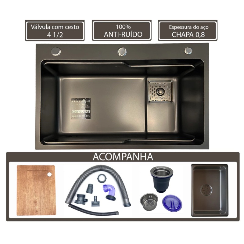 Cuba Para Pia  Cozinha Gourmet Inox Luxo Preto Com Escorredor E Válvula (Sem Toneira) 75X46X22cm em Oferta na Shopee