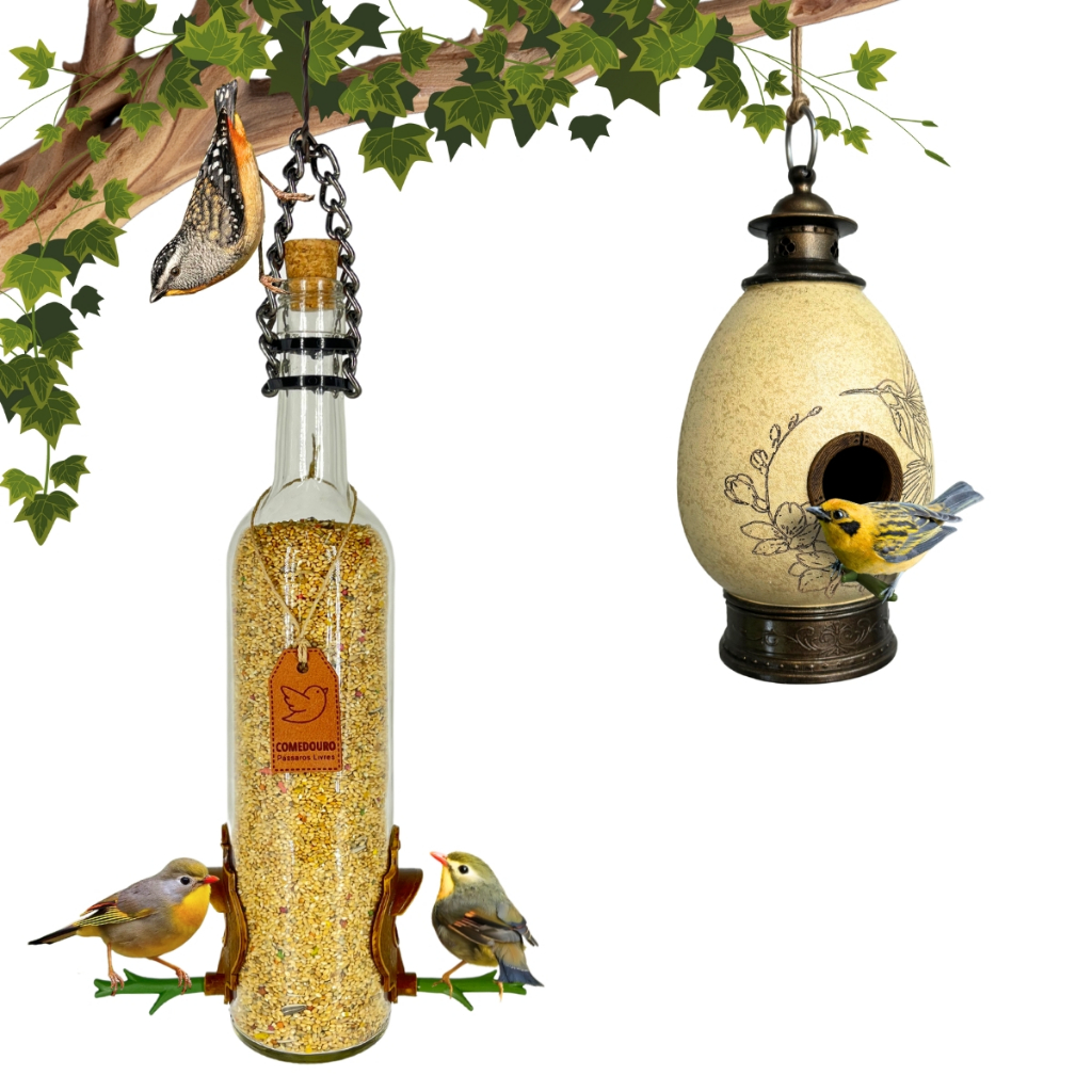 Kit Casa De Pássaros Casa Ovo + Comedouro Passarinhos livres. Jardim