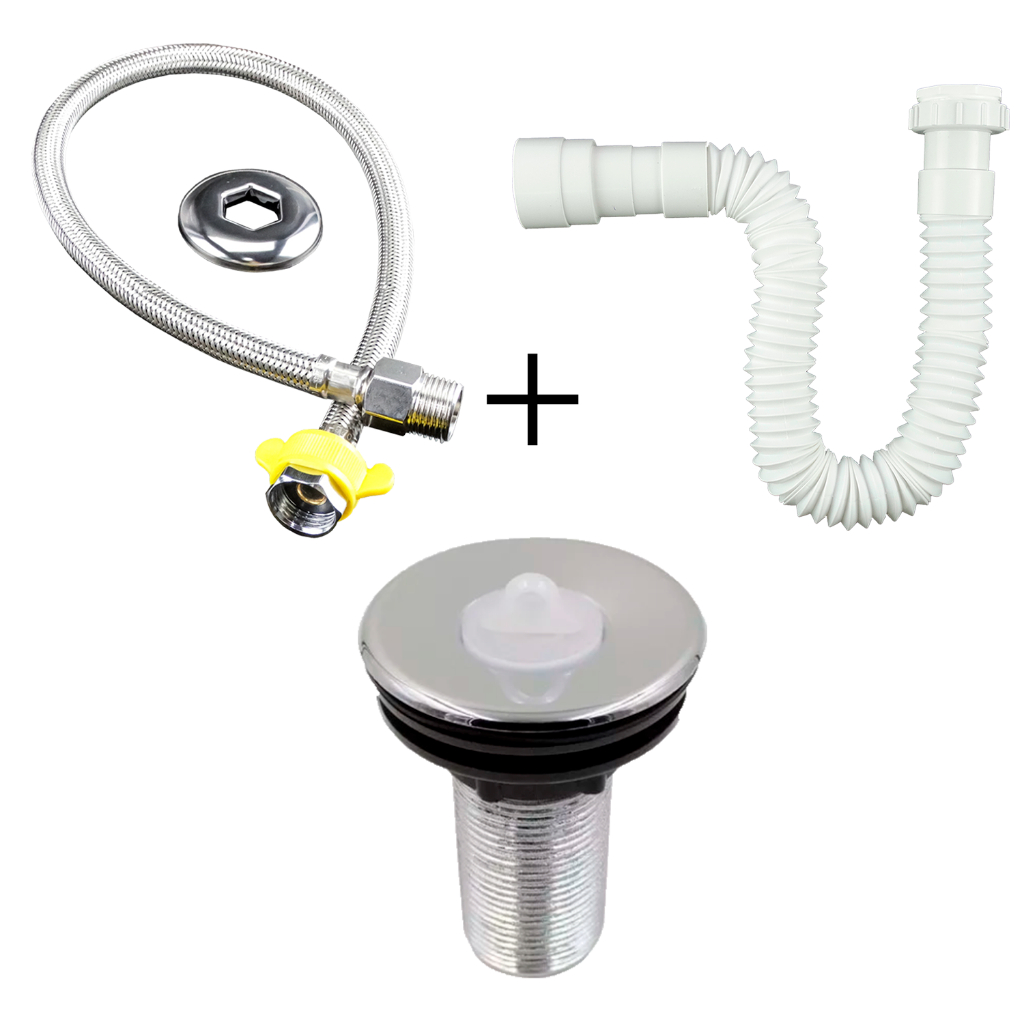 Kit Sifão Sanfonado Universal Branco 1,20 metros Engate Flexível 40cm Válvula Lavatório Cromado