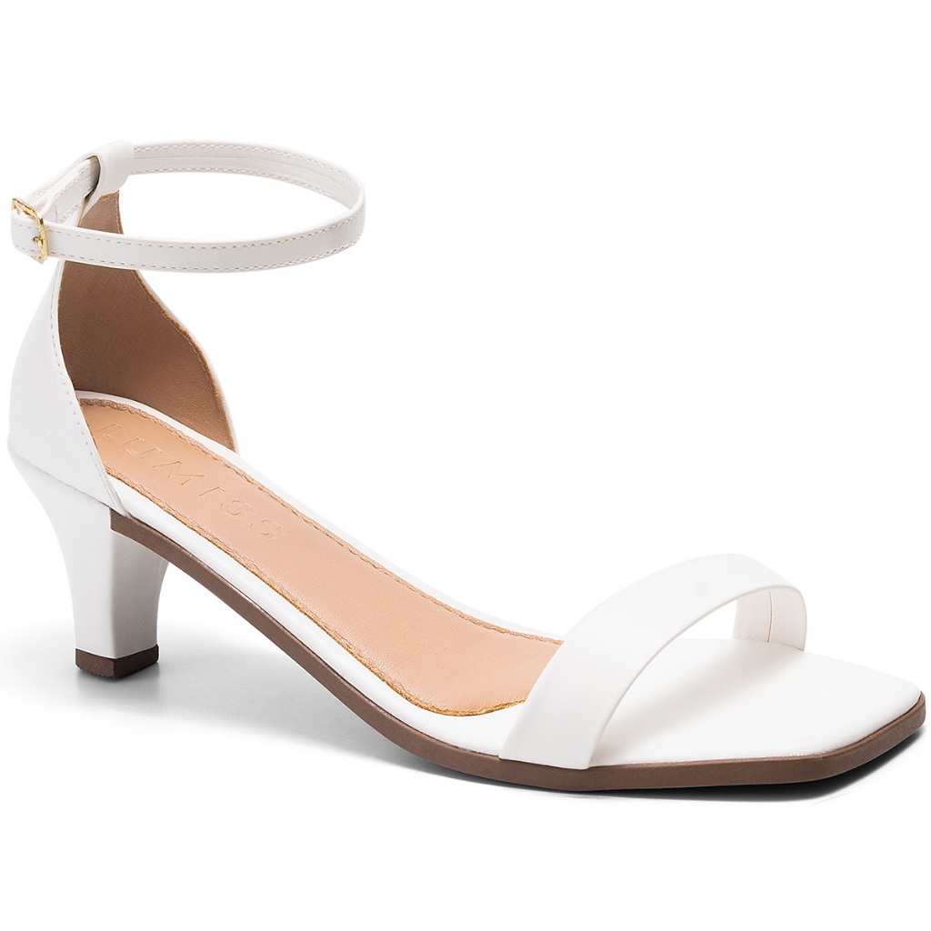 Sandália Feminina Lumiss Salto Baixo Fino Confortável Clássica Bico Quadrado Branco - Women Shoes