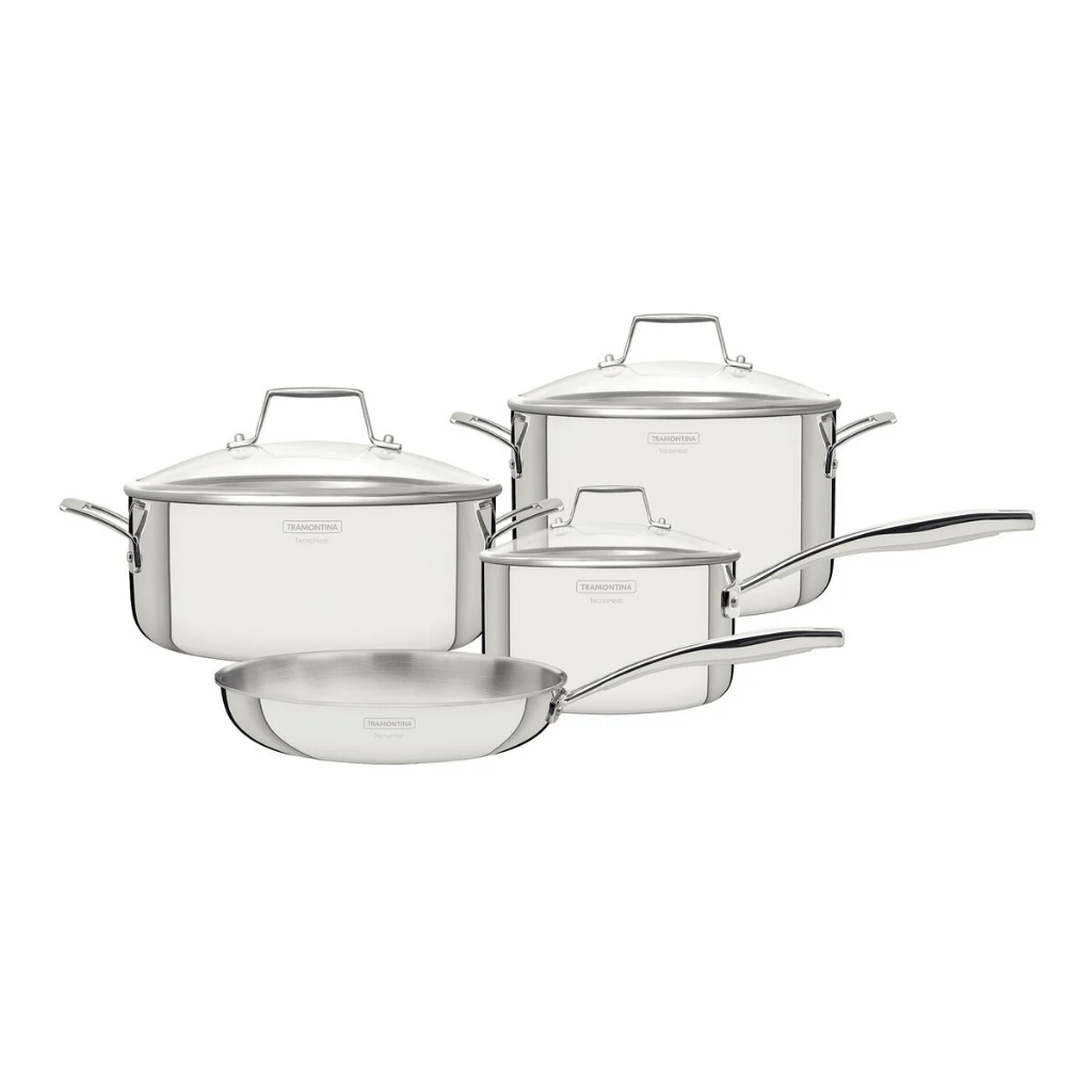 Jogo de Panelas Tramontina 4 Peças Grano em Aço Inox com Corpo Triplo e Tampa De Vidro em Oferta na Shopee