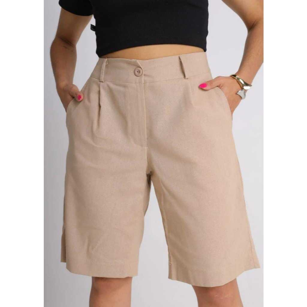 Bermuda Feminino Social Linho Rústico Elegante com Bolso Tendência Pantacur em Oferta na Shopee