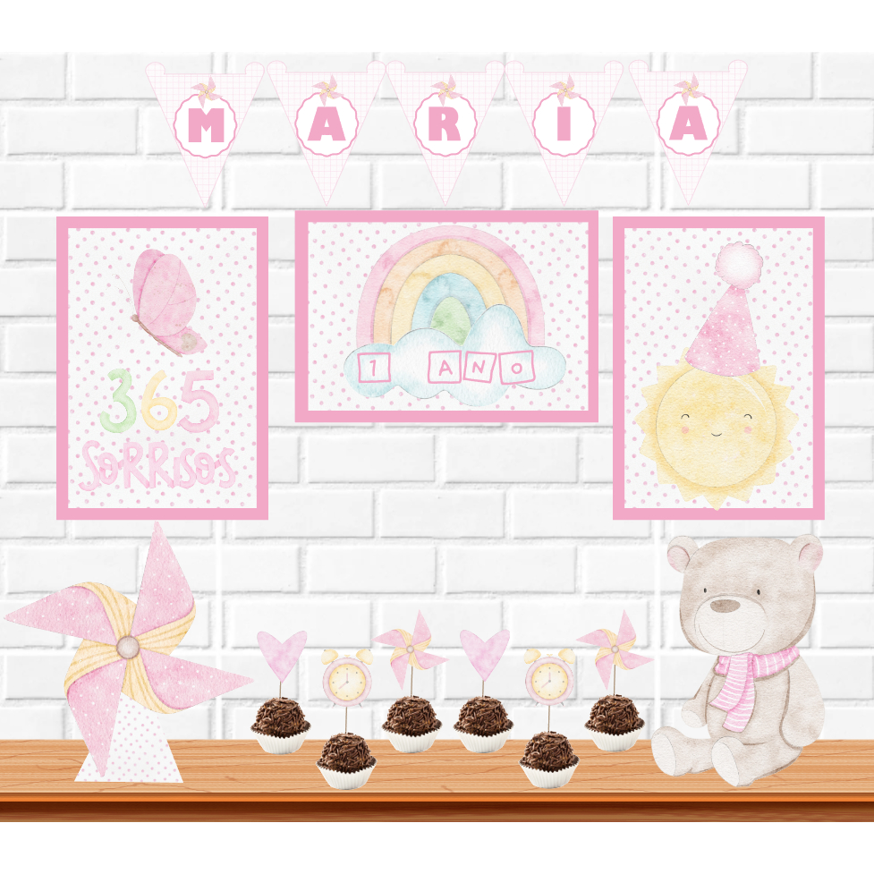 Kit festa Primeira Volta ao Sol menina, Decoração Só um bolinho personalizado mêsversário e aniversário 365 Sorrisos.