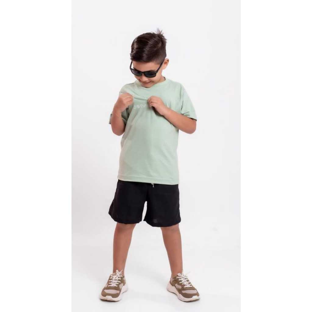 conjunto masculino infantil menino bermuda em linha camiseta oversized leve marcia super confortavel tamanho 2 a 12 Anos