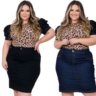 Saia Jeans Feminina Cintura Alta Plus Size Hot Pants Destroyed com Laycra preto cintura alta