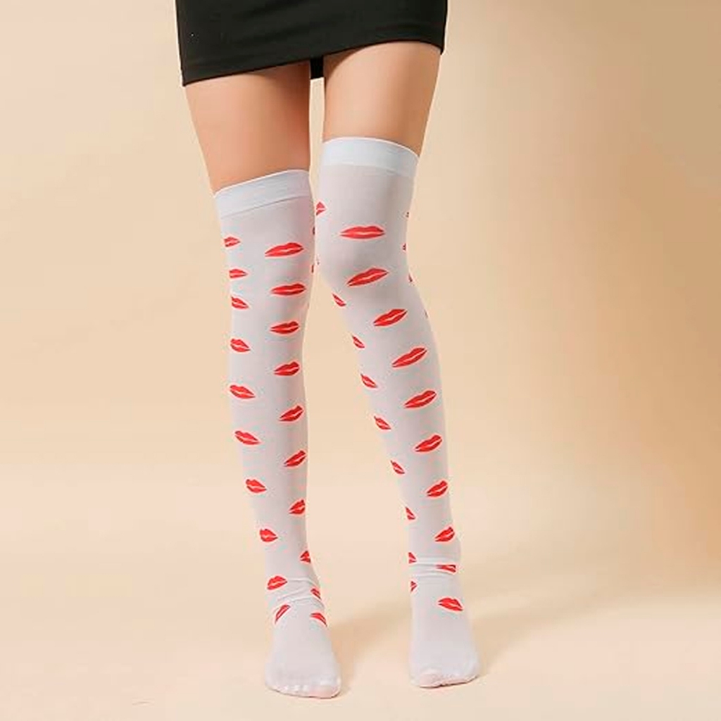 Meia Calça 7/8 Branca Mod. Beijos Boca Batom - Fantasia Femininas