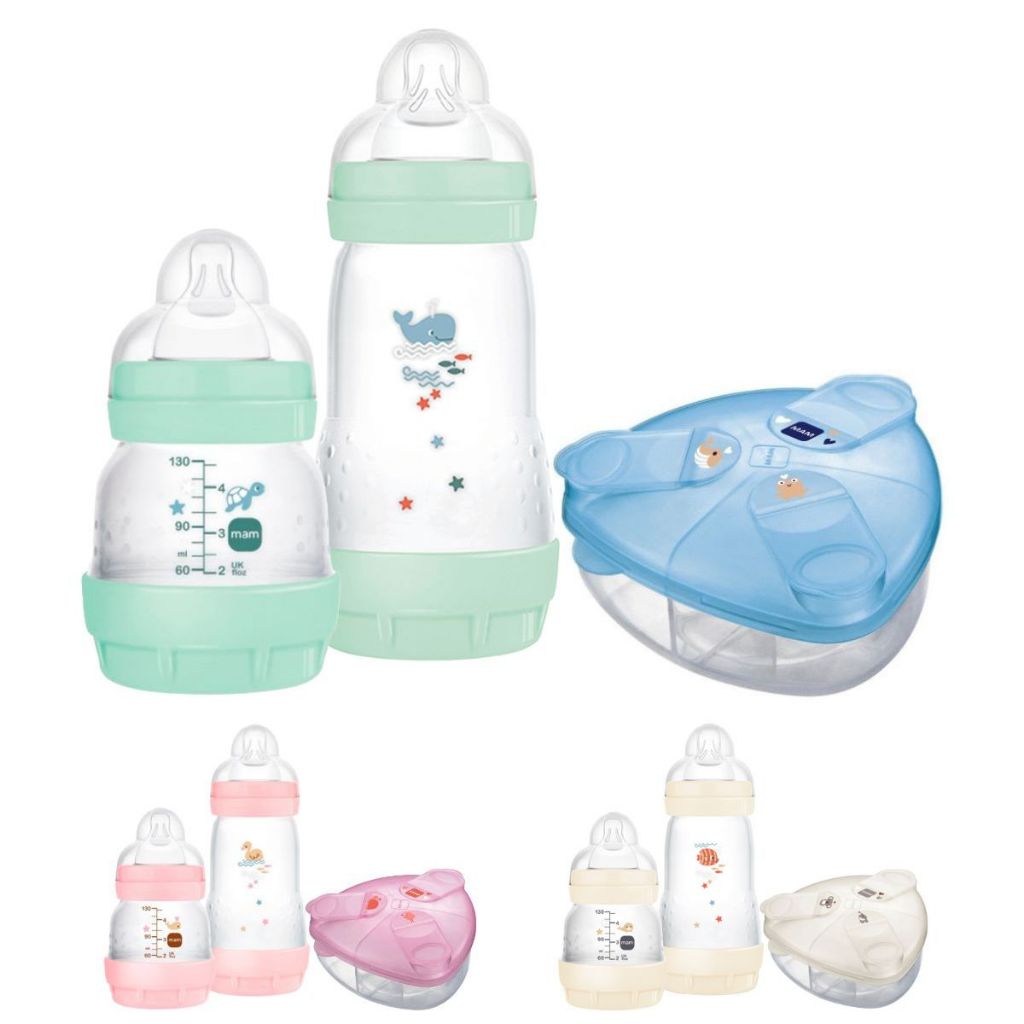Kit 2 Mamadeiras Mam Easy Start Anticólica 130ml e 260ml e Pote Dosador Medidor Porta Leite em Pó Mam