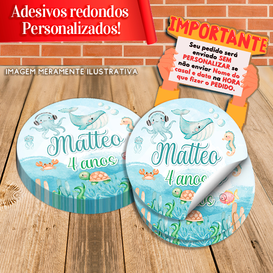 Adesivos Redondos Personalizados Fundo do Mar Aquarelado