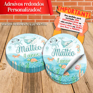 Adesivos Redondos Personalizados Fundo do Mar Aquarelado