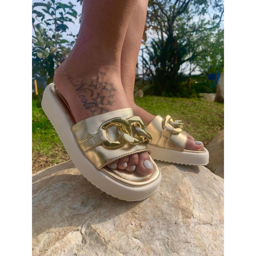 Sandália Papete Flatform Plataforma com Corrente Sola Alta Salto Grosso Tamanco Feminina em Oferta na Shopee