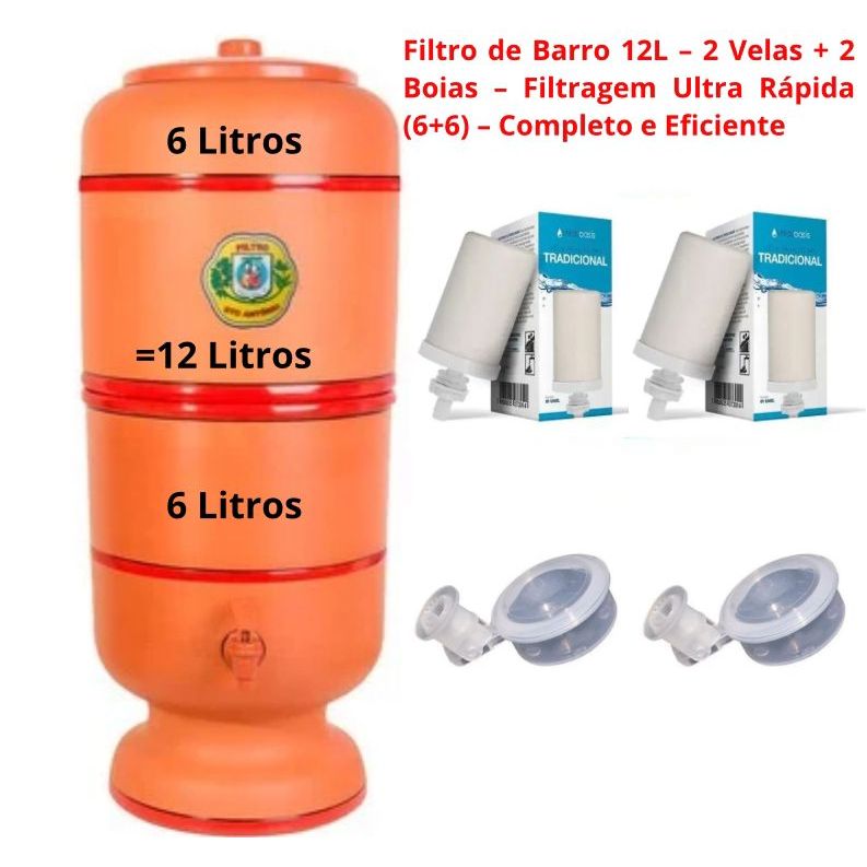 Filtro de Barro 12L (6+6) – 2 Velas + 2 Boias – Filtragem Ultra Rápida – Completo e Eficiente
