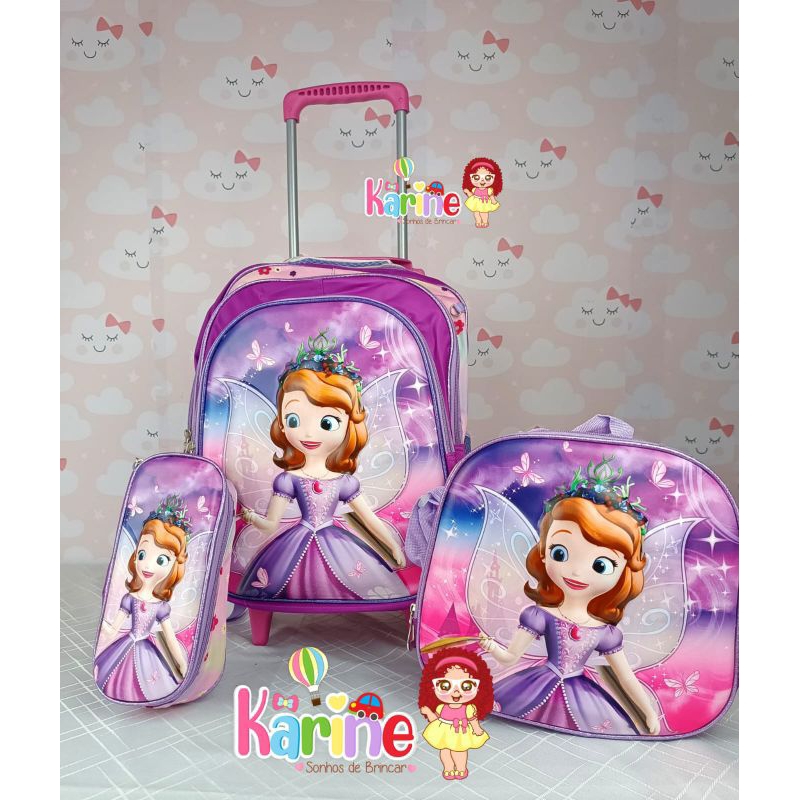 KIT MOCHILA ESCOLAR INFANTIL MENINA PRINCESA SOFIA/princesinha Sofia/COM RODINHAS/KIT MOCHILA+LANCHEIRA+ESTOJO 2025 EM3D