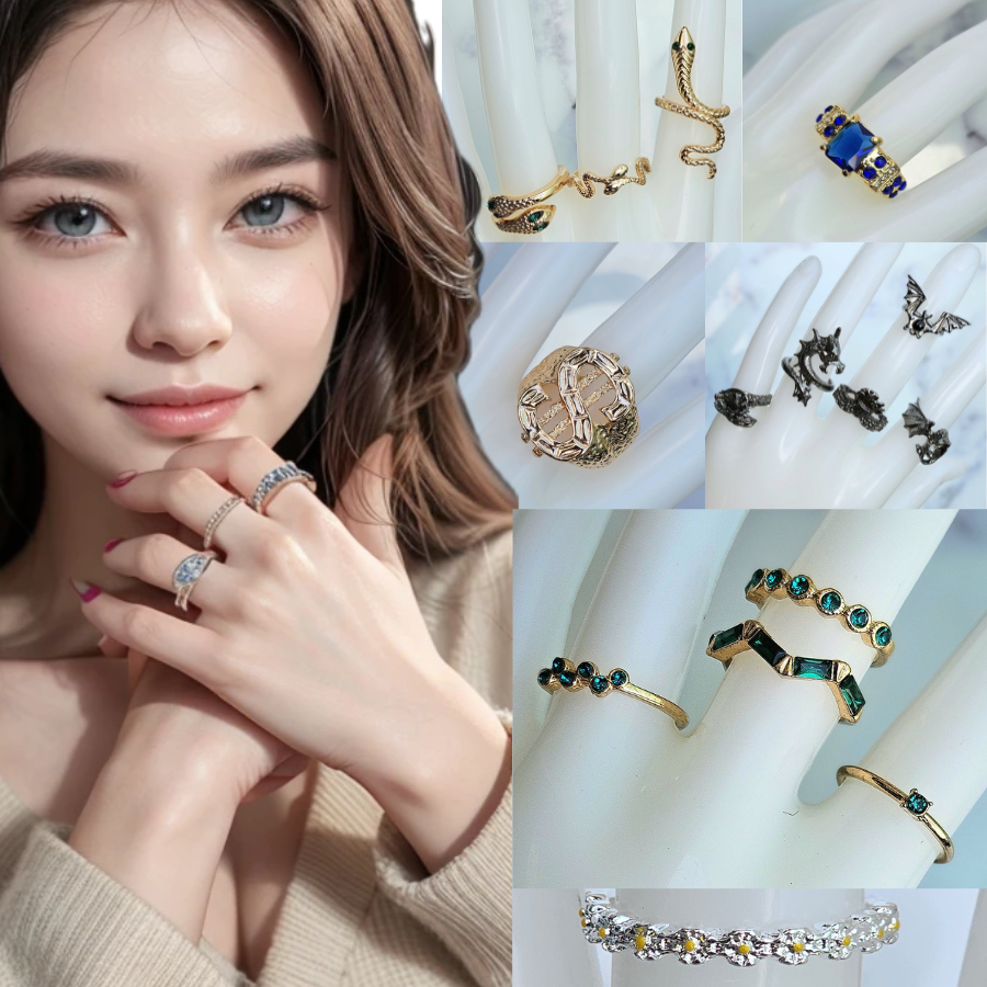 kit 4 anéis dourado detalhes verde, 3 anéis sol estrela e borboleta, 3 anéis dourados elegantes, 2 anéis dourado strass