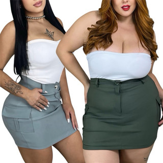 Saia Cargo Curta P ao G3 N52 Plus Size Bengaline cintura alta com ziper e botão em Oferta na Shopee