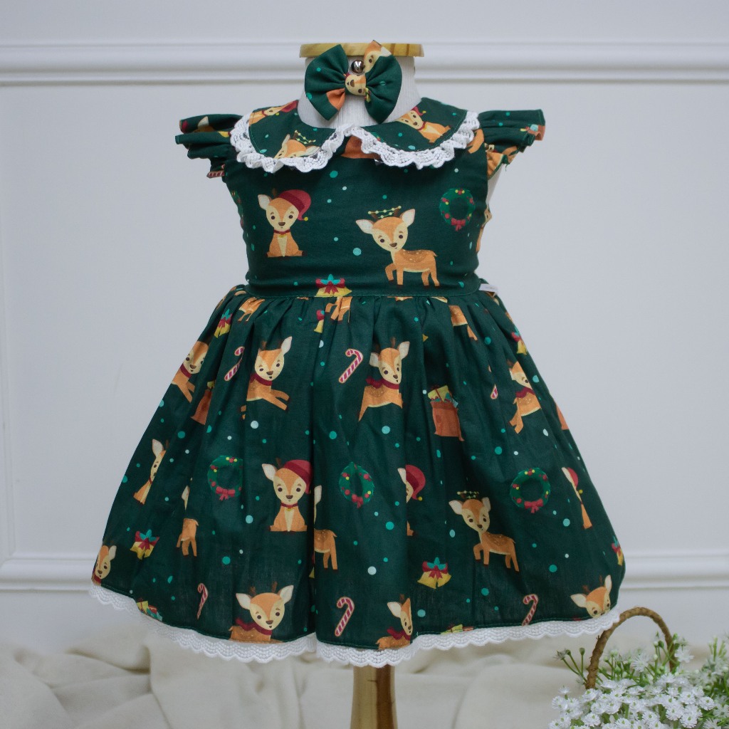 Vestido para Bebê Menina Infantil Estampa Tema de Natal 100% Algodão Renas Papai Noel Vestido Luxo