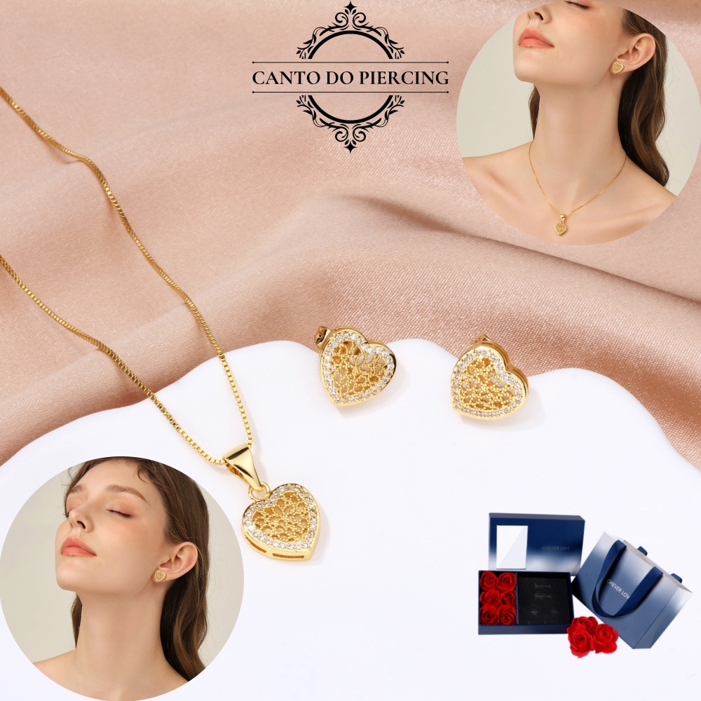 Caixa De Presente Para Namorada Conjunto Feminino De Noiva Folheado a Platina Coração Vazado Zircônia Cravejada em Oferta na Shopee