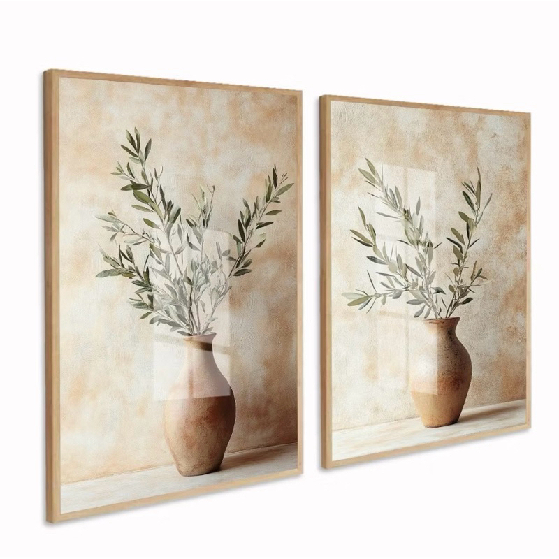 Duo Quadros Decorativos com Moldura e Vidro Vaso de Flores Folhas Neutro Quarto Sala em Oferta na Shopee