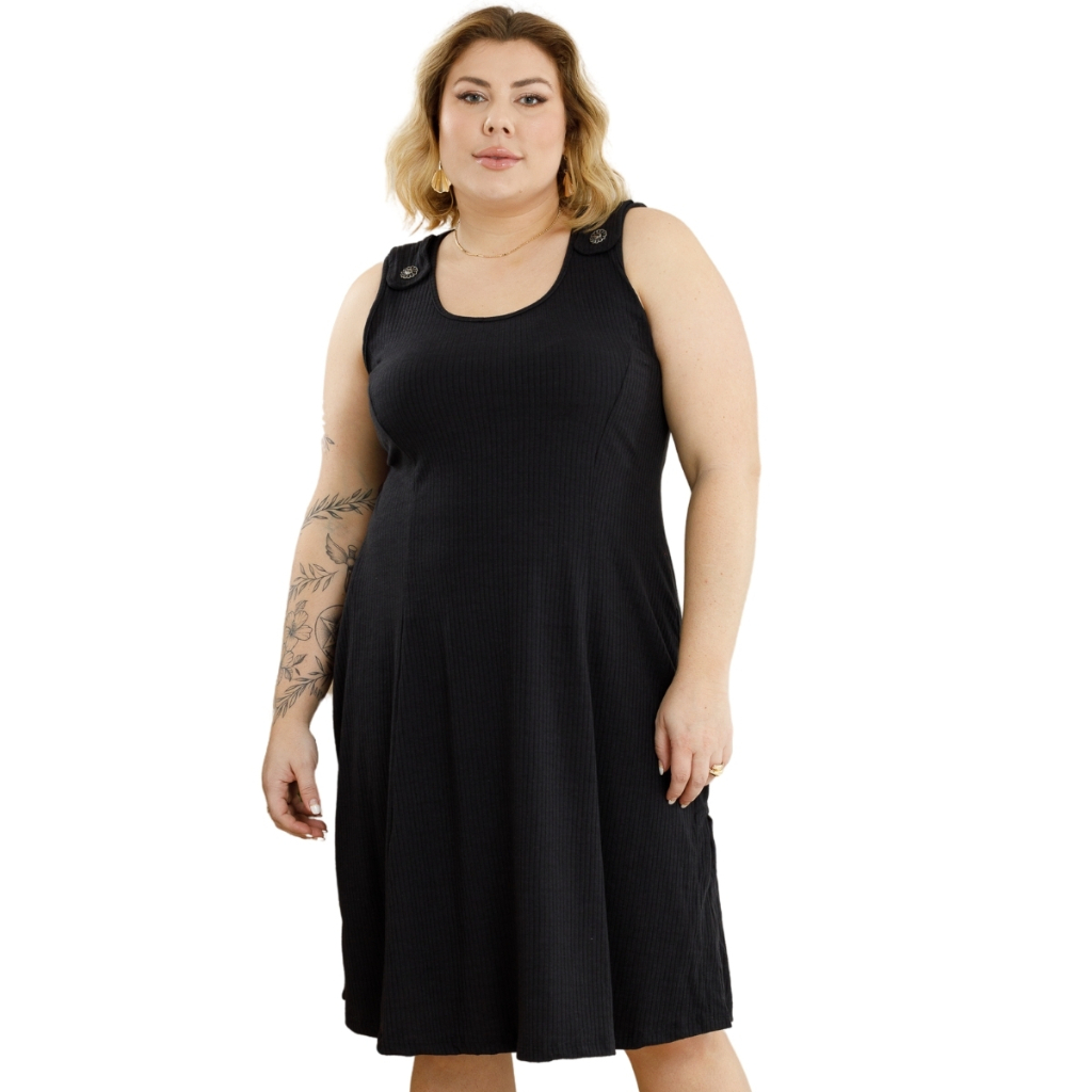 Vestido Sem Manga Gola Redonda Detalhe De Botão Fixo Alça E Fendas Laterais Plus Size Casual 40124A