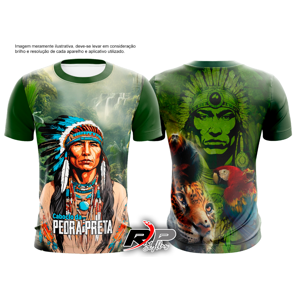 RPStyllus Caboclo pedra preta camiseta umbanda candomblé manga curta 100% poliester dryfit cor verde