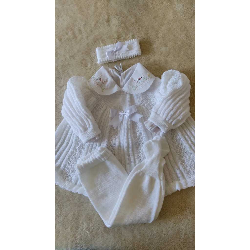 Vestido para bebê com camisa com gola bordada calça e tiara tamanho RN em Oferta na Shopee