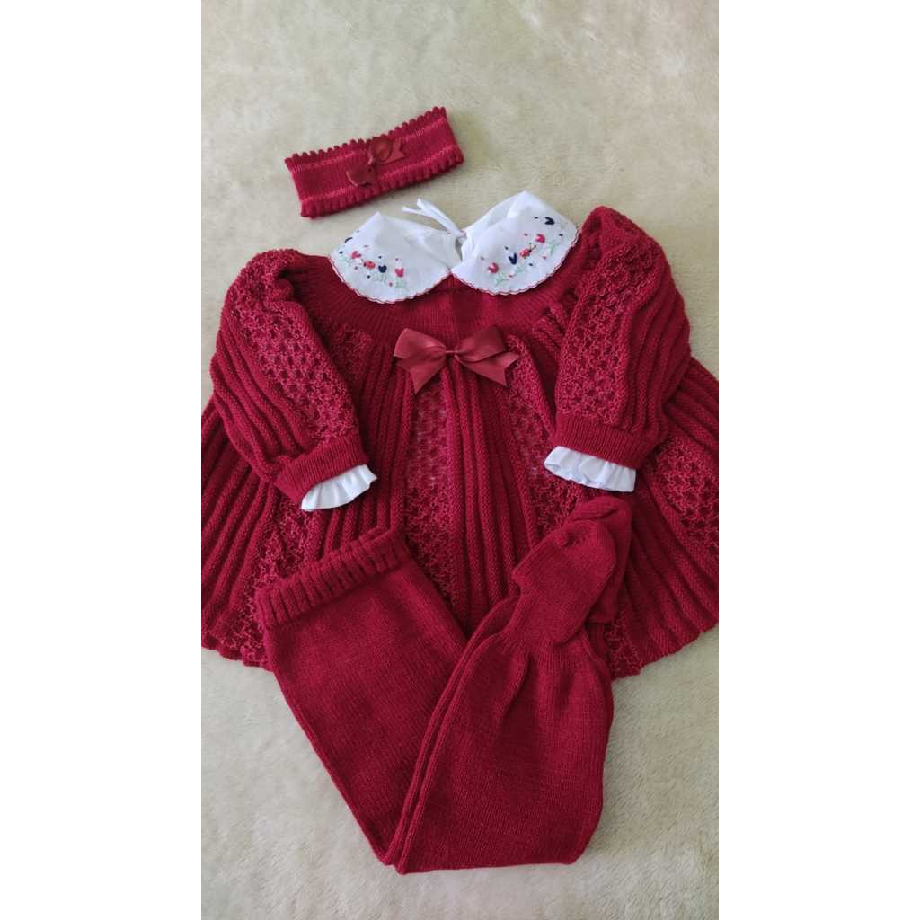 Vestido para bebê com camisa com gola bordada calça e tiara tamanho RN