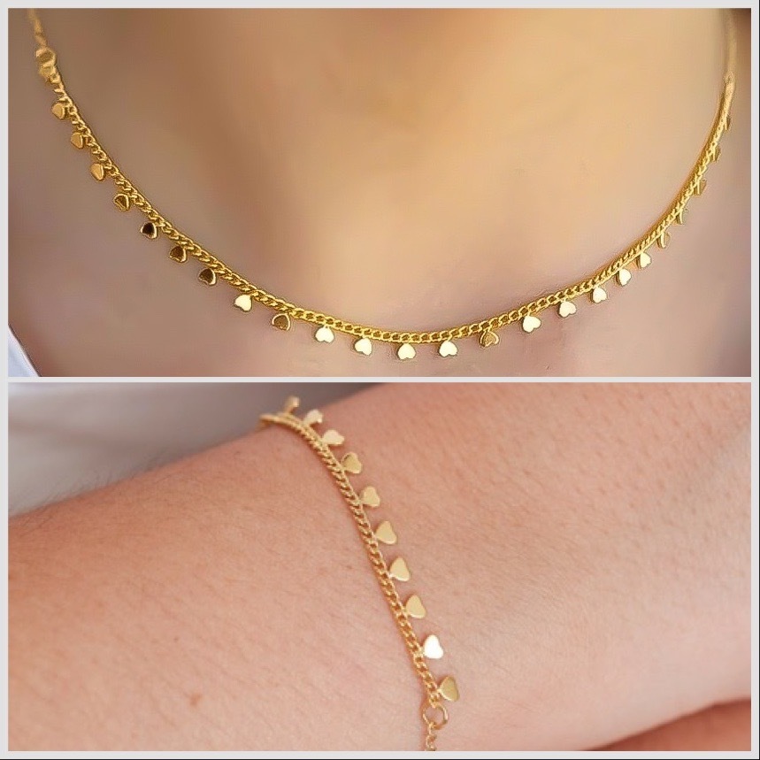 kit colar +pulseira coração Folheado  prata 925 e ouro 18k em Oferta na Shopee