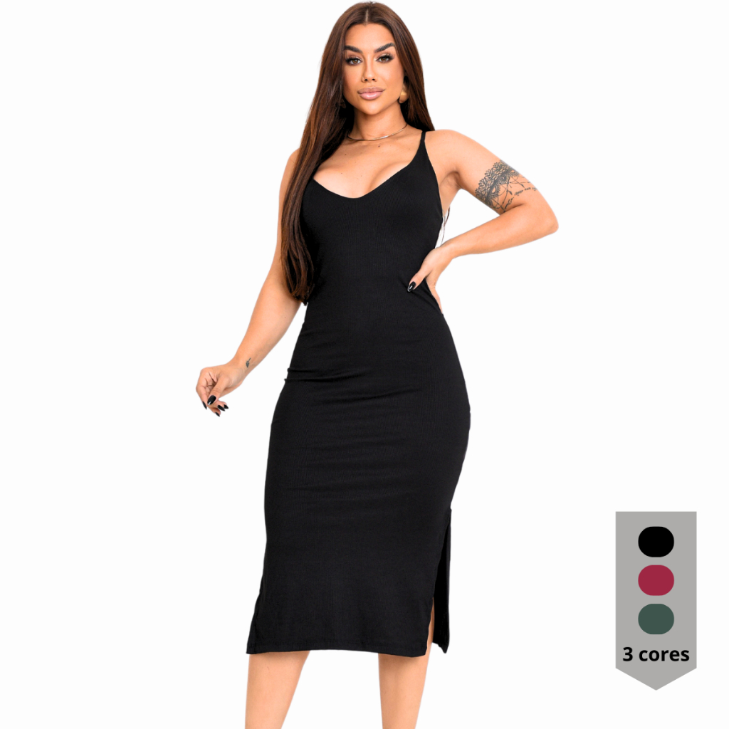 Vestido Alça Fina Liso Elastano Midi Lycra Canelado Básico Fenda Trabalho Tradicional Confortável Leve