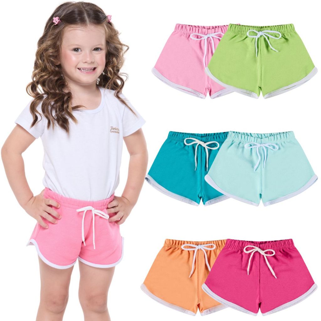 Kit 3 Shorts Infantil Menina Blogueira Moletinho 100% Algodão - Bermuda com Friso Contrastante - Kit Sortido 3 Bermudas em Oferta na Shopee