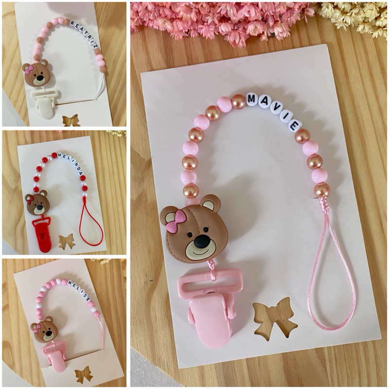 prendedor de chupeta personalizado com nome do bebê urso menina