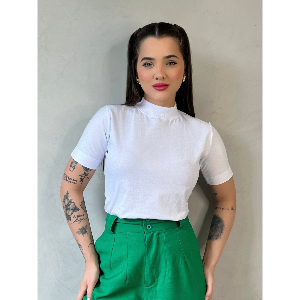T-shirt Gola Alta Blusa Feminina Básica 100% ALGODÃO Camiseta Lisa em Oferta na Shopee